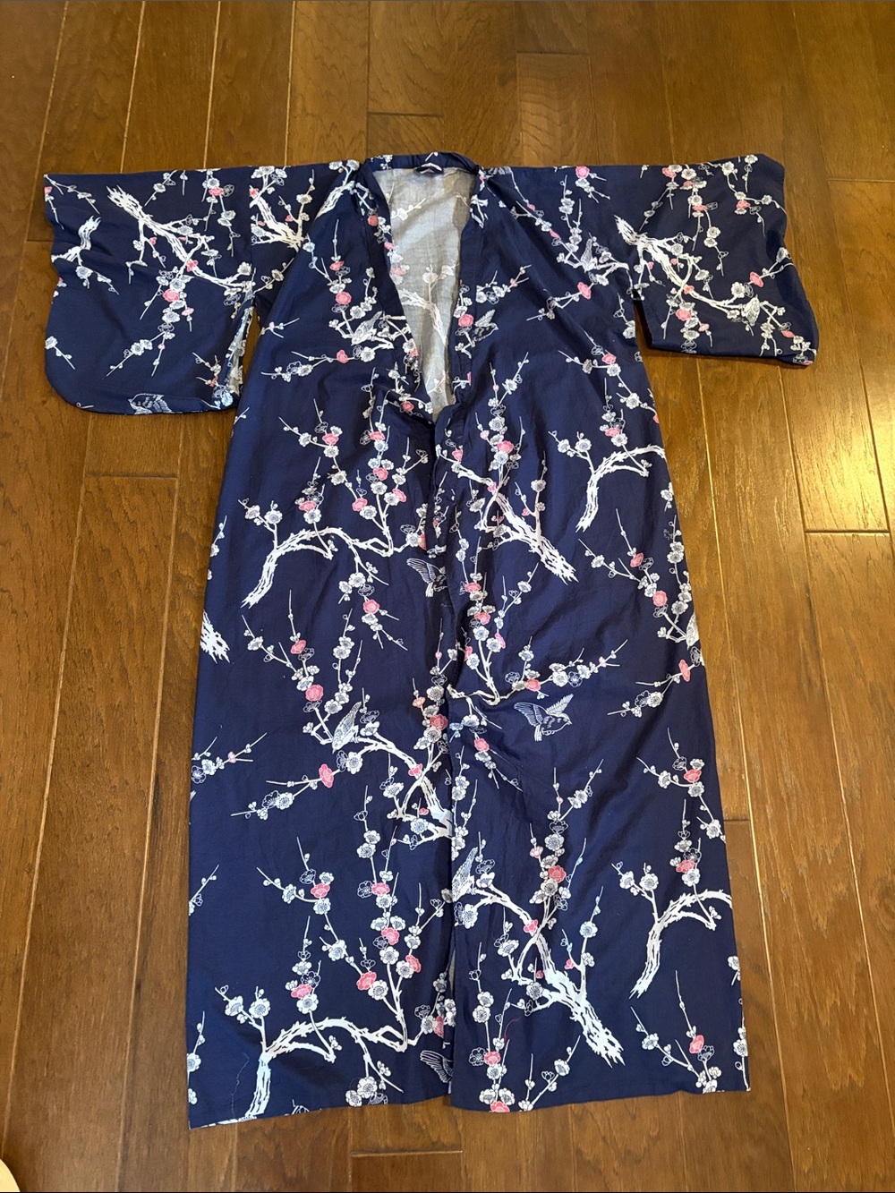 Sakurai Japanese Kimono, 100% cotton, Small, Blue, Pink, White Bird Tree Pattern